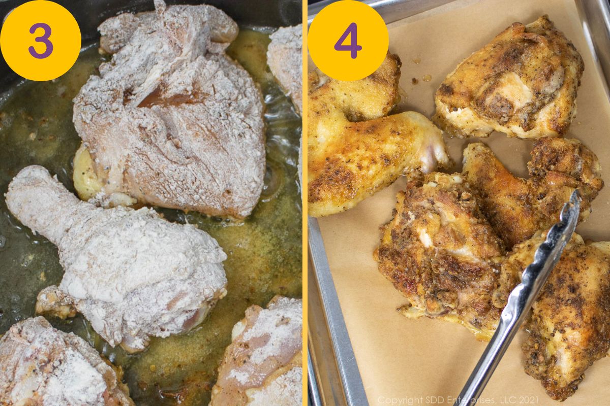 Steps to brown chicken in a Dutch oven.