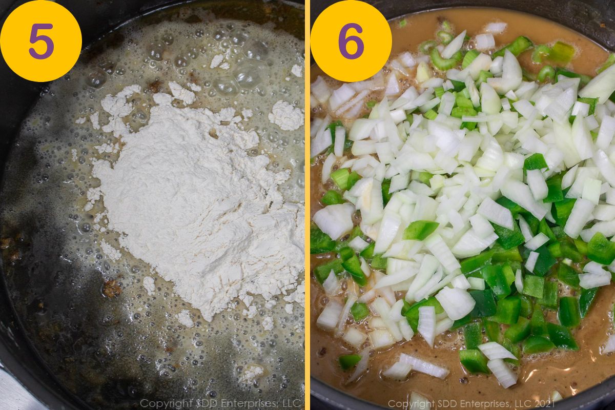 Making a roux and sautéing the Trinity in a Dutch oven.