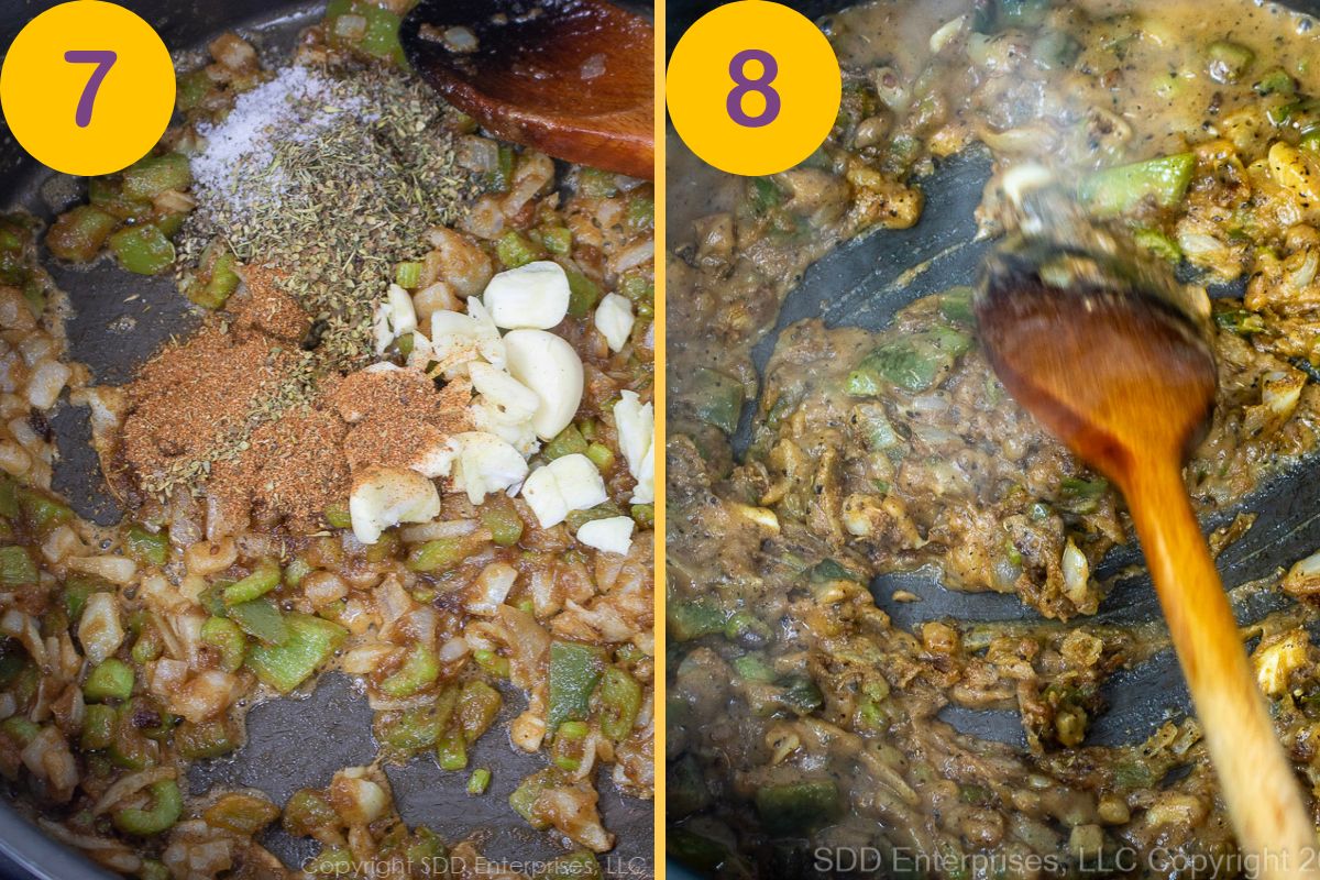 Seasoning the roux and adding wine in a Dutch oven.