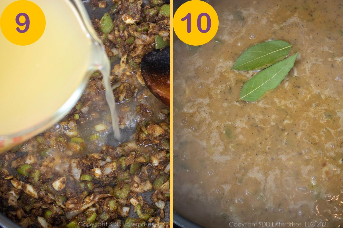 Stock being added to the seasoned roux and simmered in a Dutch oven.