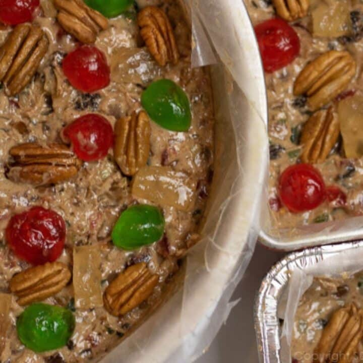Fruitcakes in baking pans.
