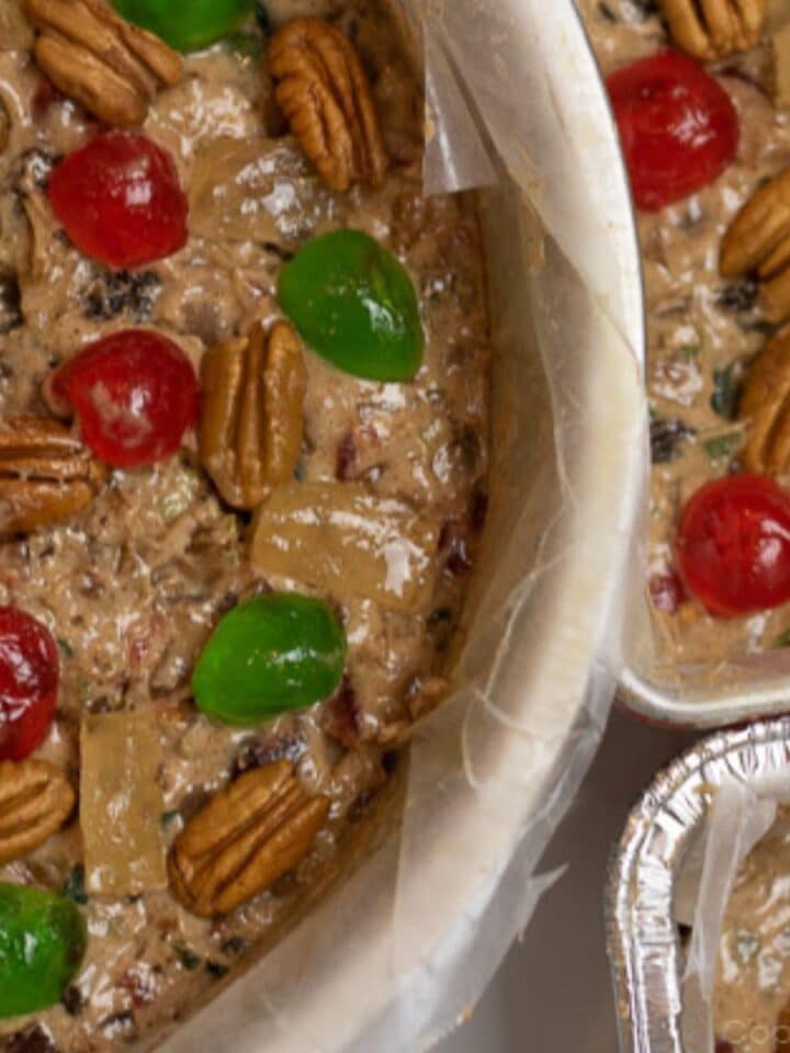 Fruitcakes in baking pans.