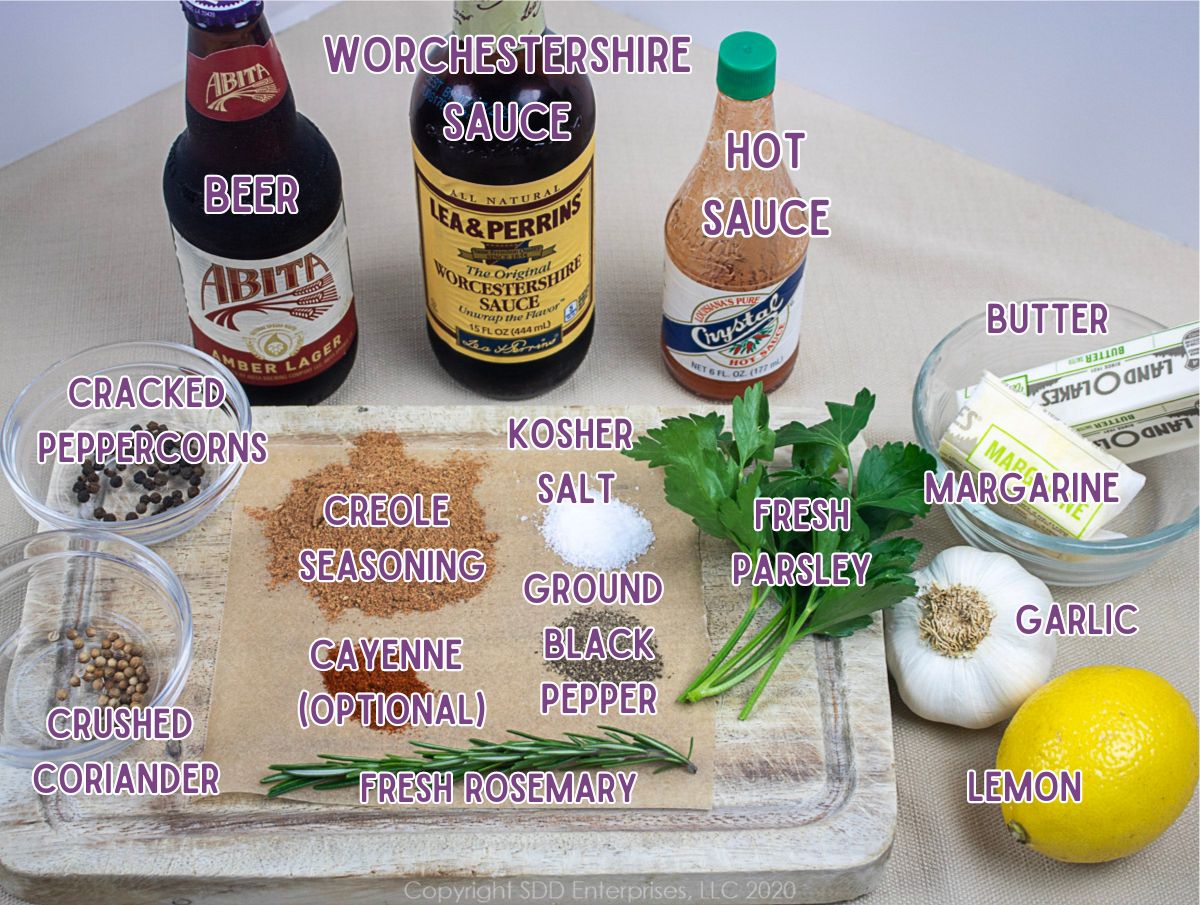 Sauce ingredients for BBQ Shrimp arranged on a cutting board.
