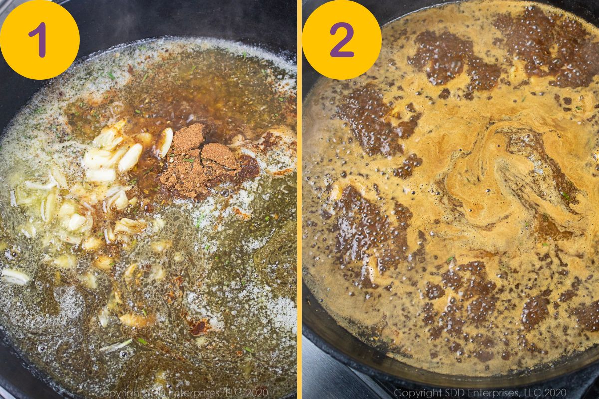 Initial steps for making sauce for BBQ Shrimp in a skillet.