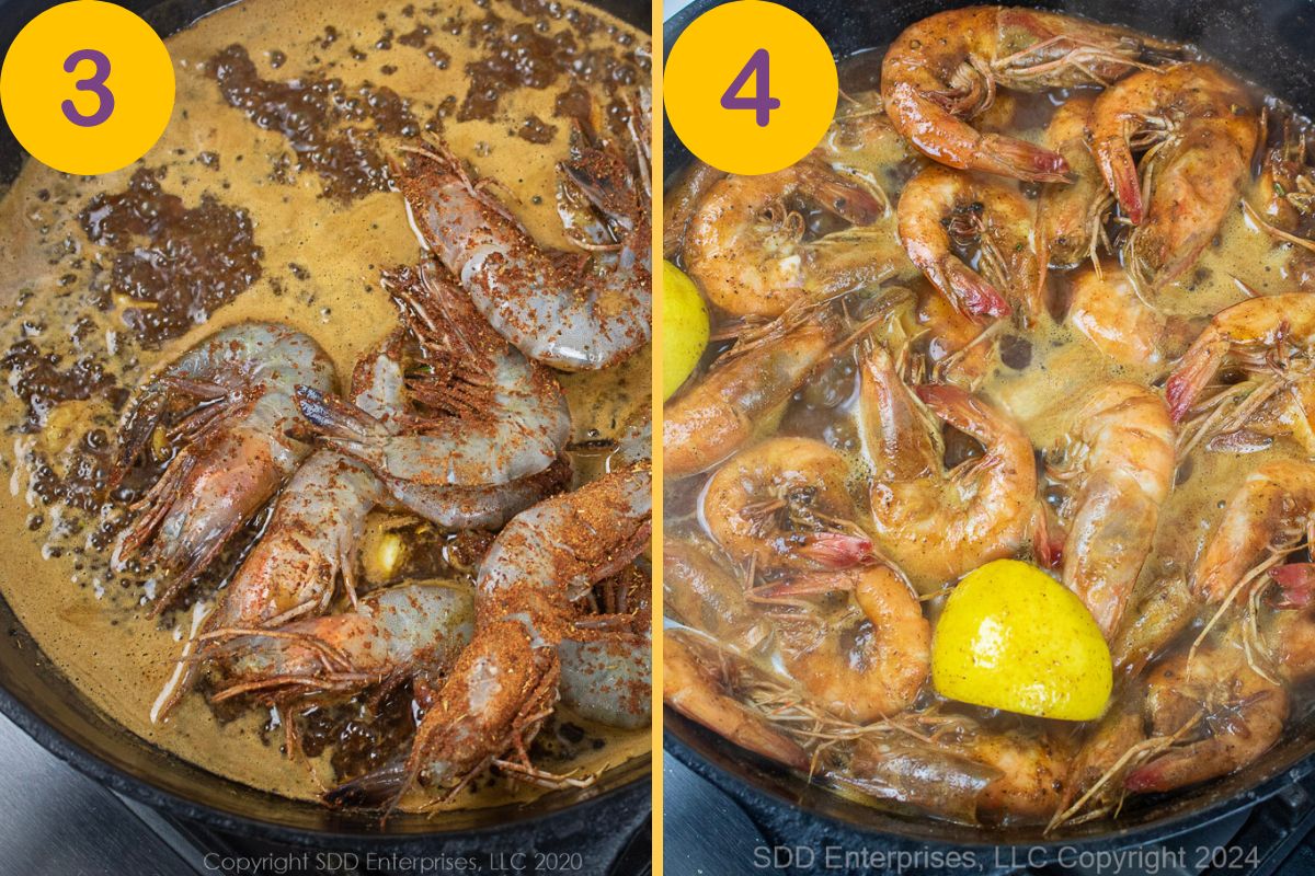 Whole shrimp added to simmering sauce in a skillet.