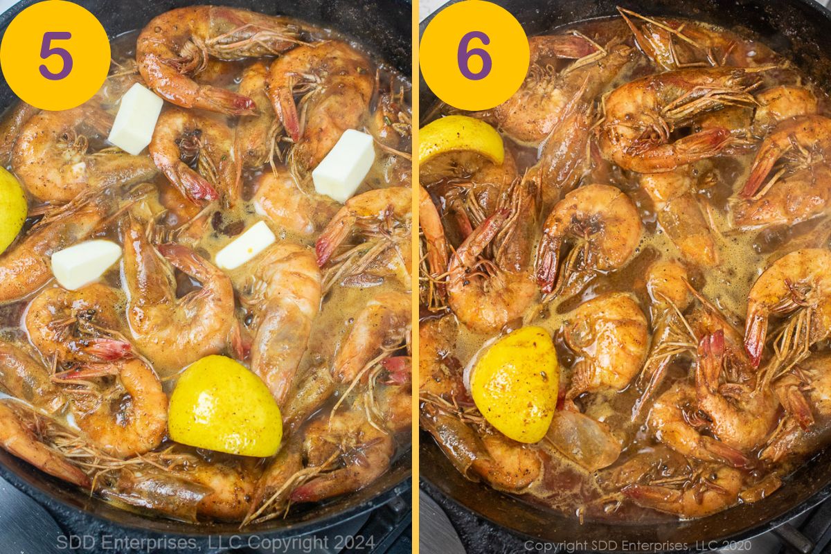 Finishing shrimp in sauce for BBQ Shrimp in a skillet.