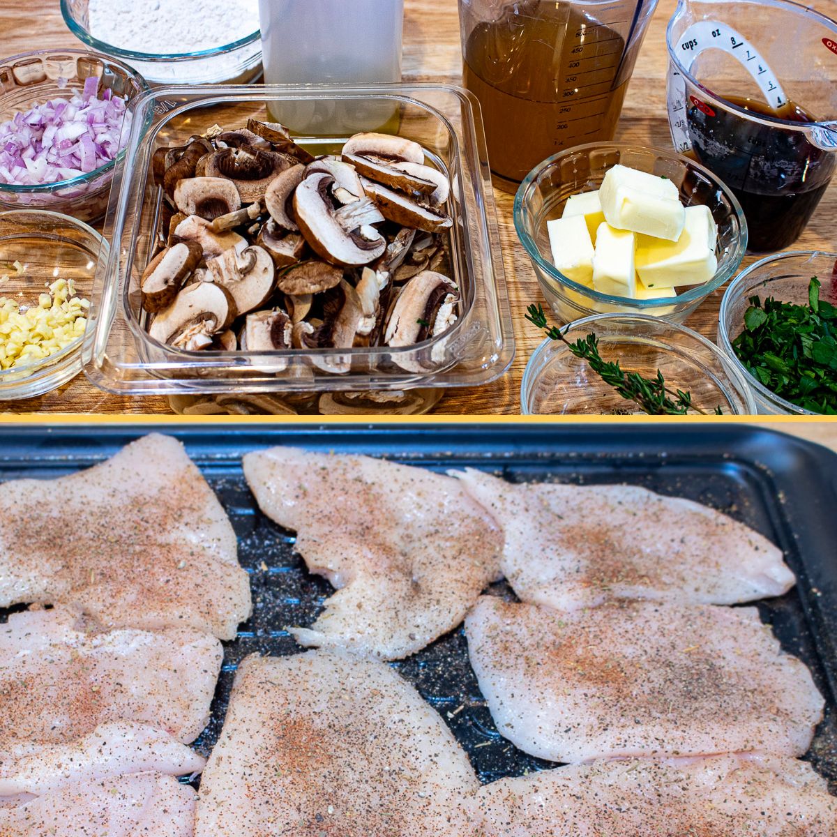 Prepared ingredients for Chicken Marsala.