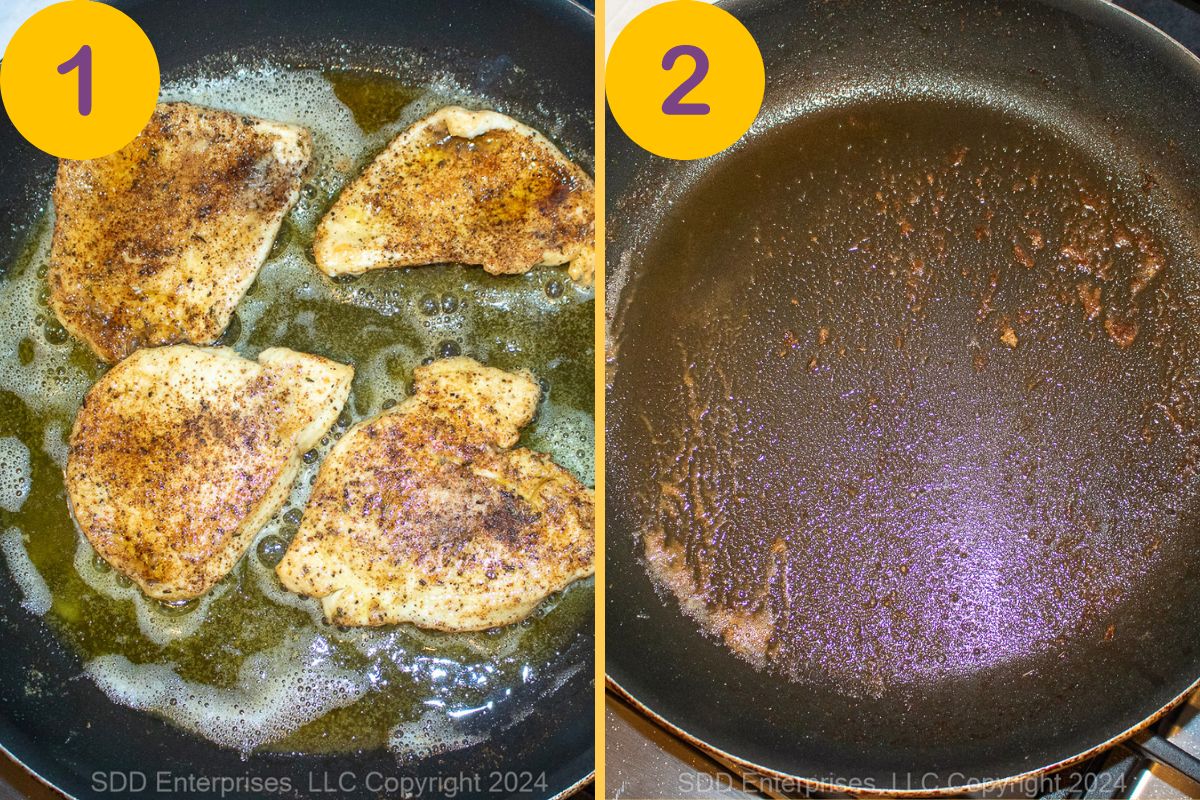 Chicken breasts sautéing in a skillet.