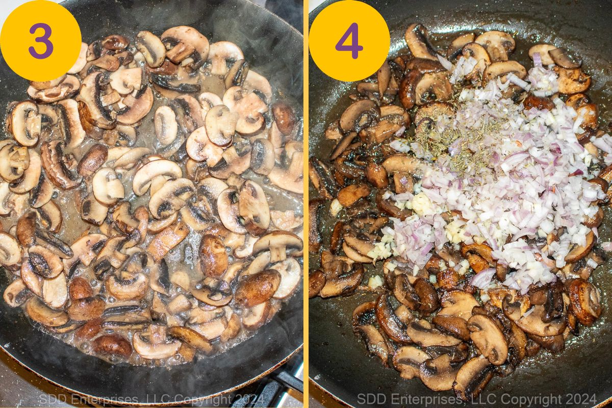Mushrooms and shallots sautéing in a skillet.