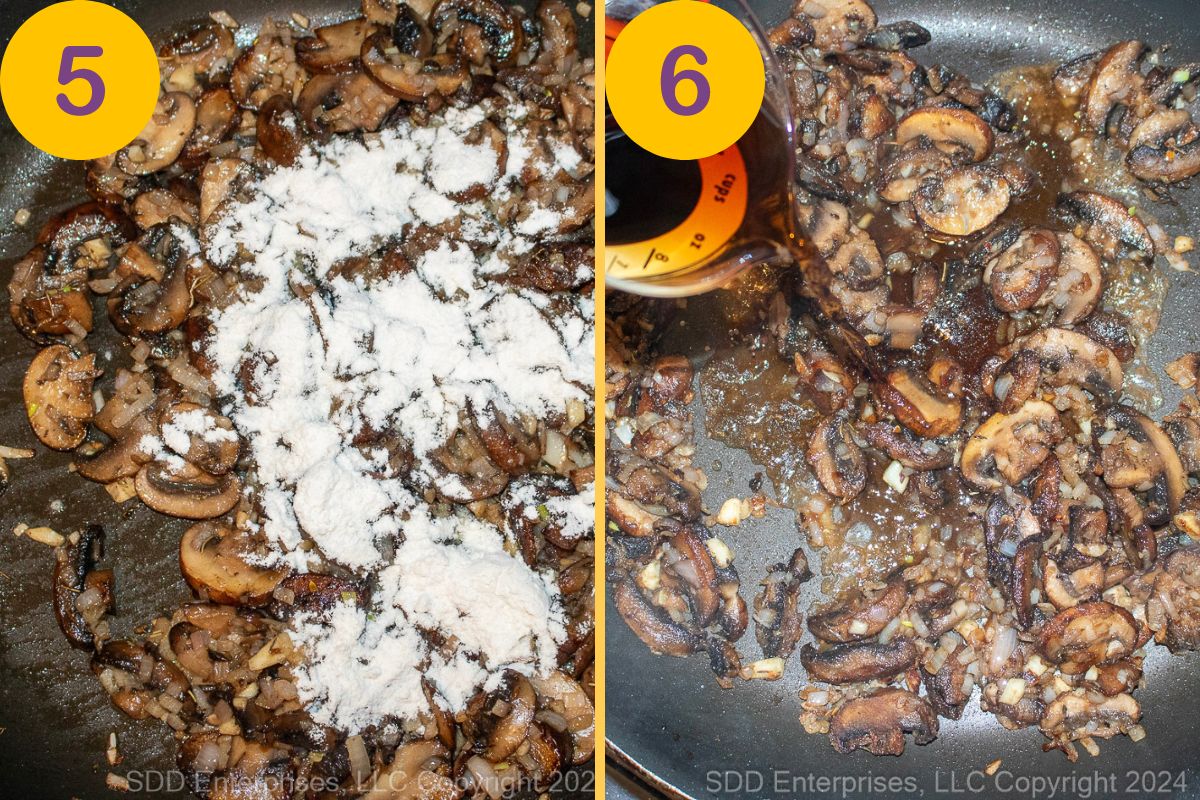 AP flour and wine added to sautéed mushrooms in a skillet.