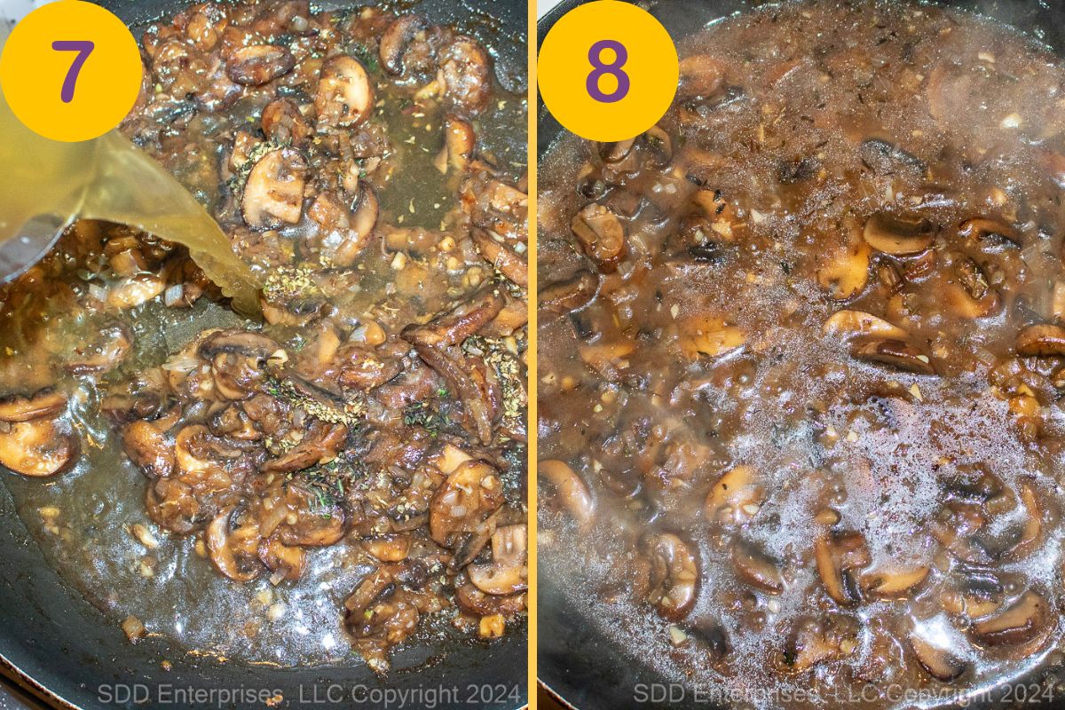 Chicken stock added to mushrooms in a skillet.