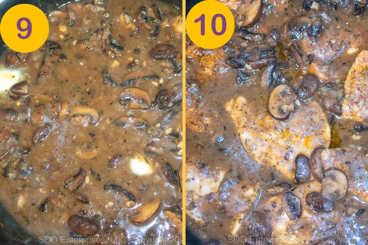 Final steps in making chicken marsala in a skillet.