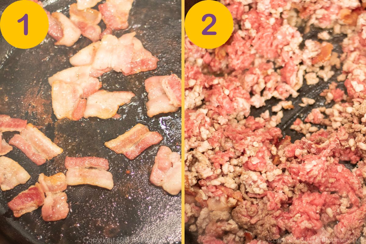 Browning bacon and ground meats in a Dutch oven.