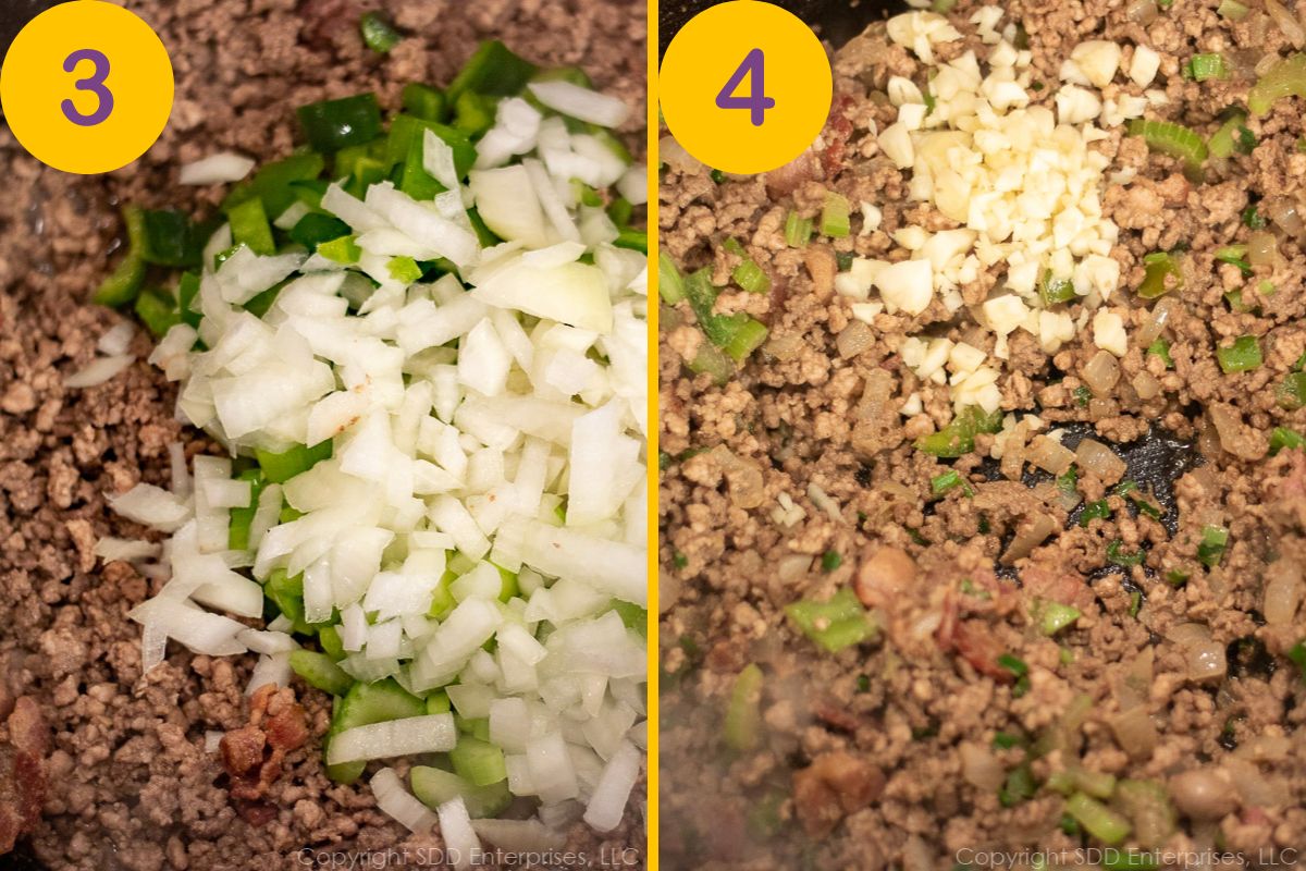 The Trinity and garlic added to browned meats in a Dutch oven.