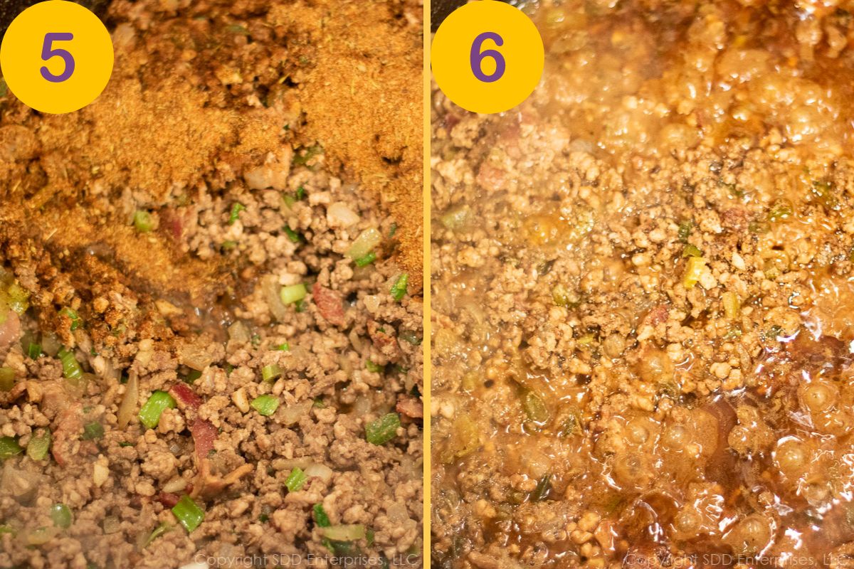Seasonings and stock added to browned meats in a Dutch oven.