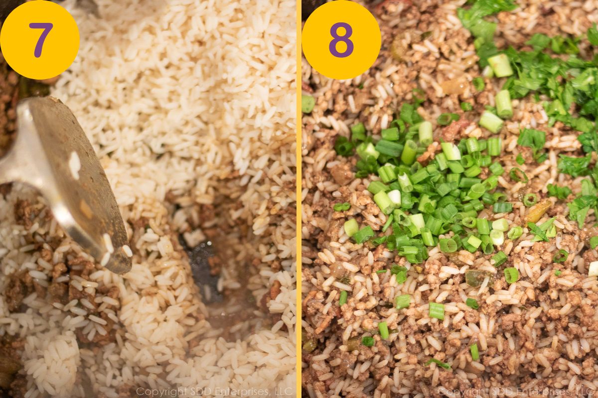 Cooked rice and onions added to browned meats in a Dutch oven.