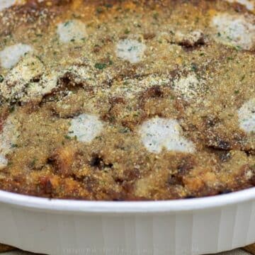 Eggplant Casserole with Shrimp in a white baking dish.