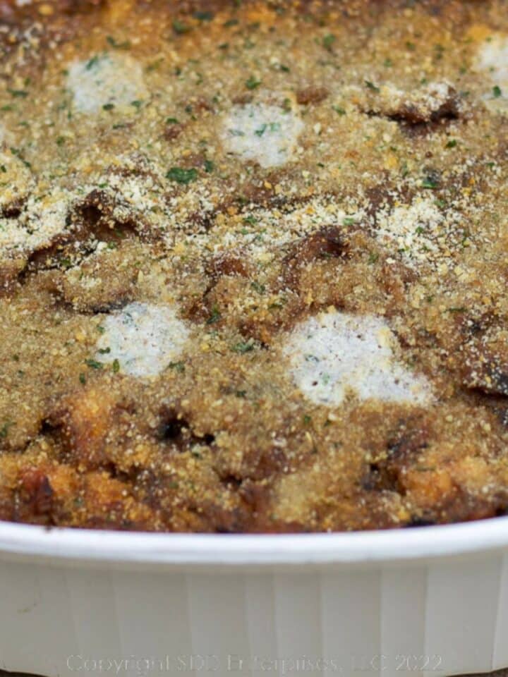 Eggplant Casserole with Shrimp in a white baking dish.