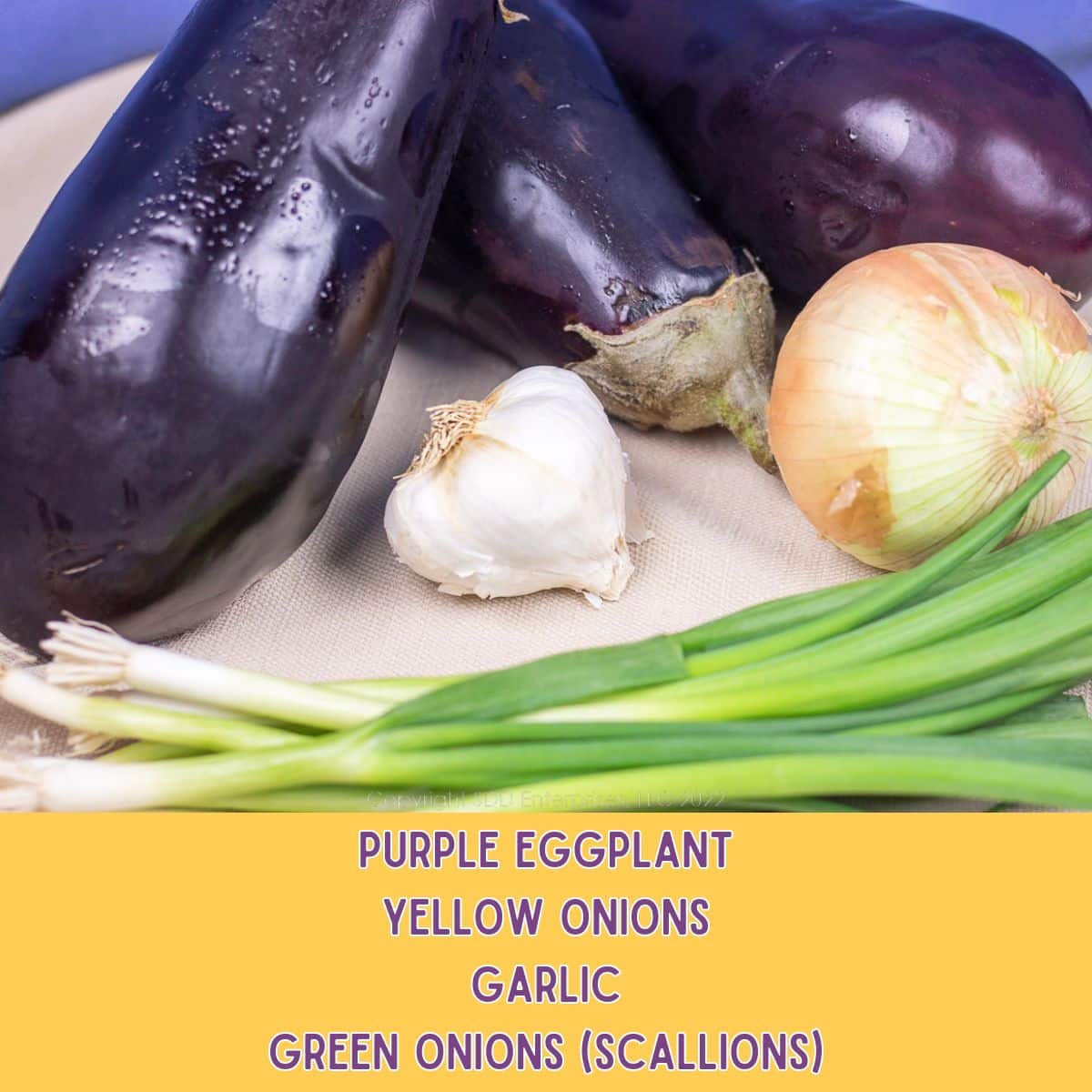 Purple Eggplant and other vegetables on a platter.