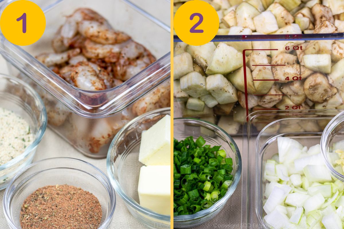 Prepared ingredients for Eggplant Casserole with Shrimp.