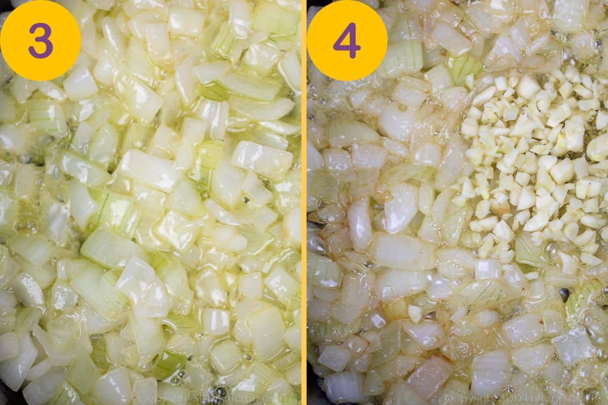 Sauteeing onions in butter in a Dutch oven.