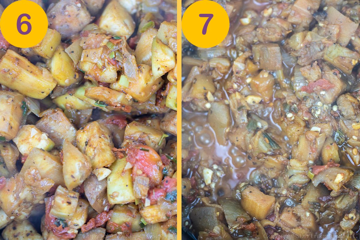 Cubed eggplant cooking with other vegetables  in a Dutch oven.