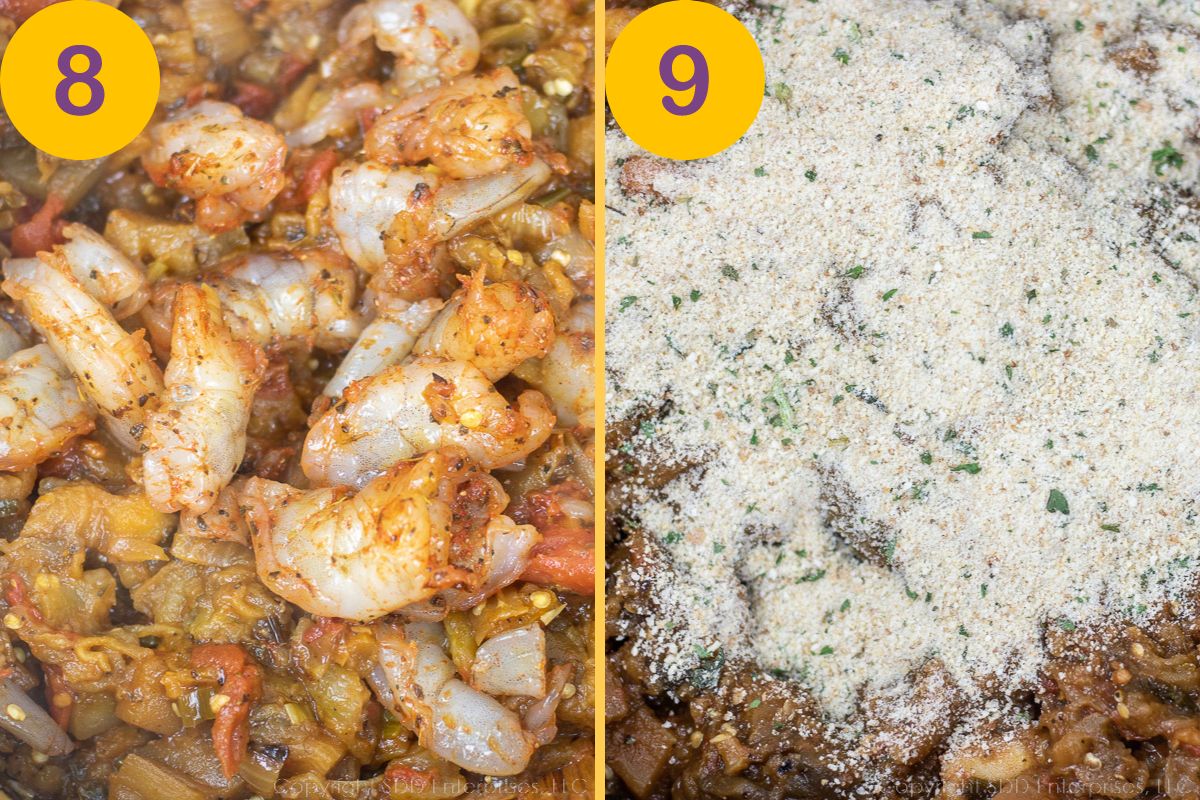 Shrimp and breadcrumbs added to vegetables in a Dutch oven.