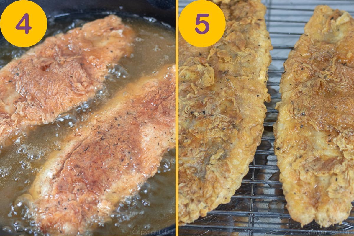 Frying fish in a cast iron skillet.