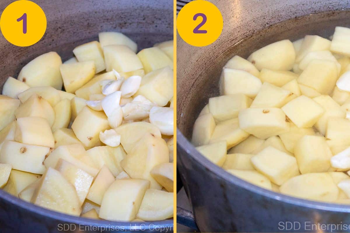 Initial steps for garlic mashed potatoes.