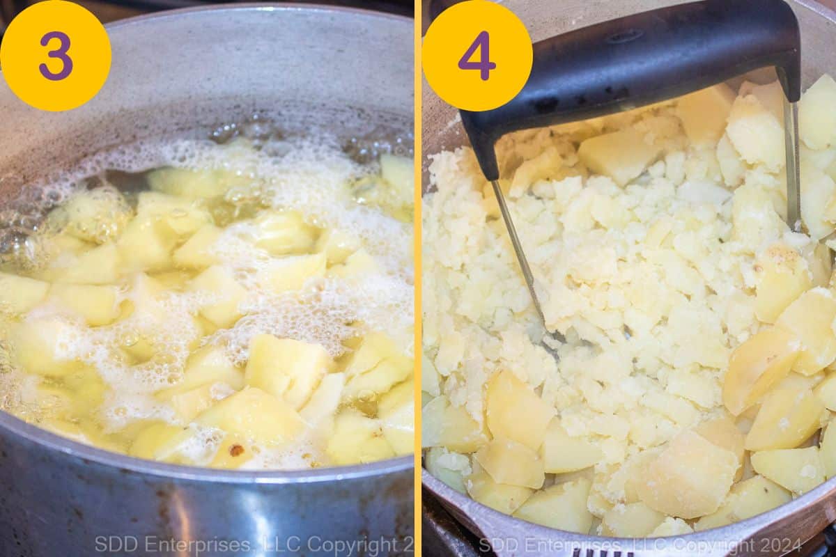 Cooking garlic and potatoes in a Dutch oven.