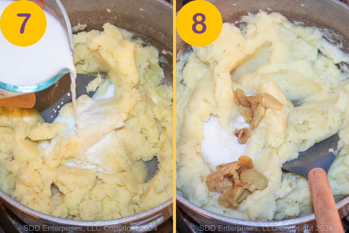 Mixing Garlic Mashed Potatoes in a Dutch oven.