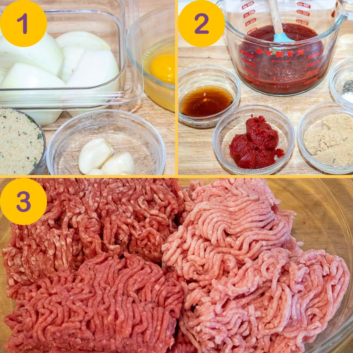 Steps for mise en place when making meatloaf.