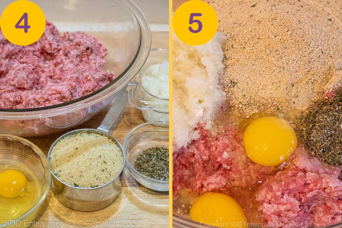 Steps for blending ingredients for meatloaf.