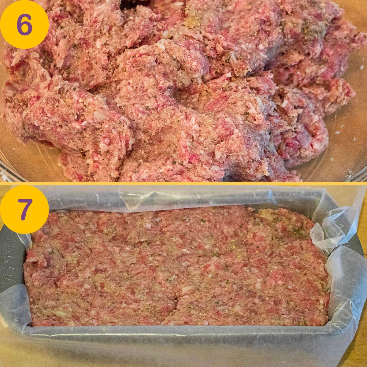 Blended meatloaf ingredients formed into meatloaf.