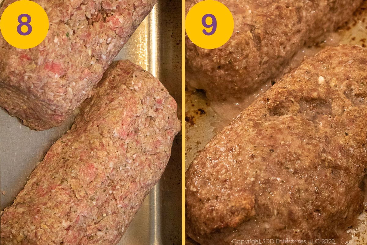 Meatloaf before and after baking.