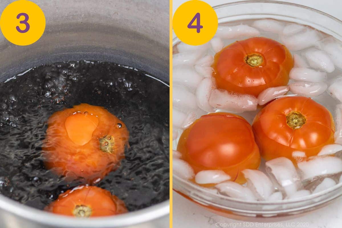 Blanching fresh tomatoes in boiling water and an ice bath.