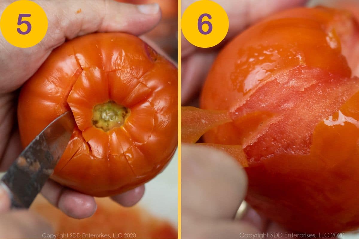 Peeling blanched tomatoes.