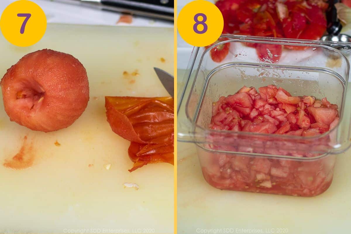 Chopping peeled tomatoes.