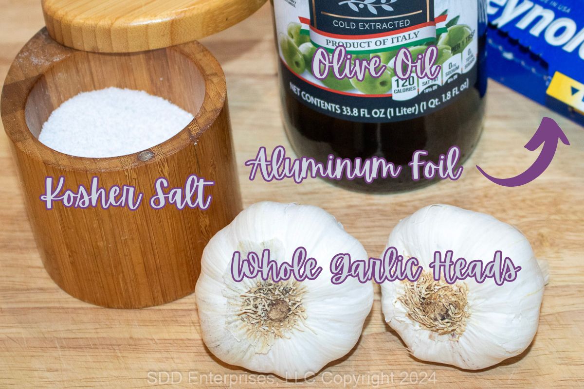 Ingredients needed to make roasted garlic.