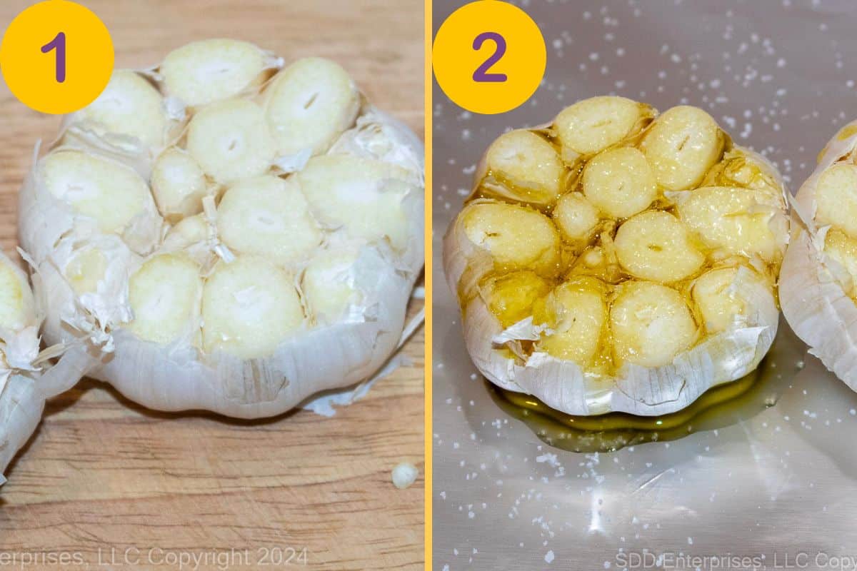 Initial steps to roast garlic.