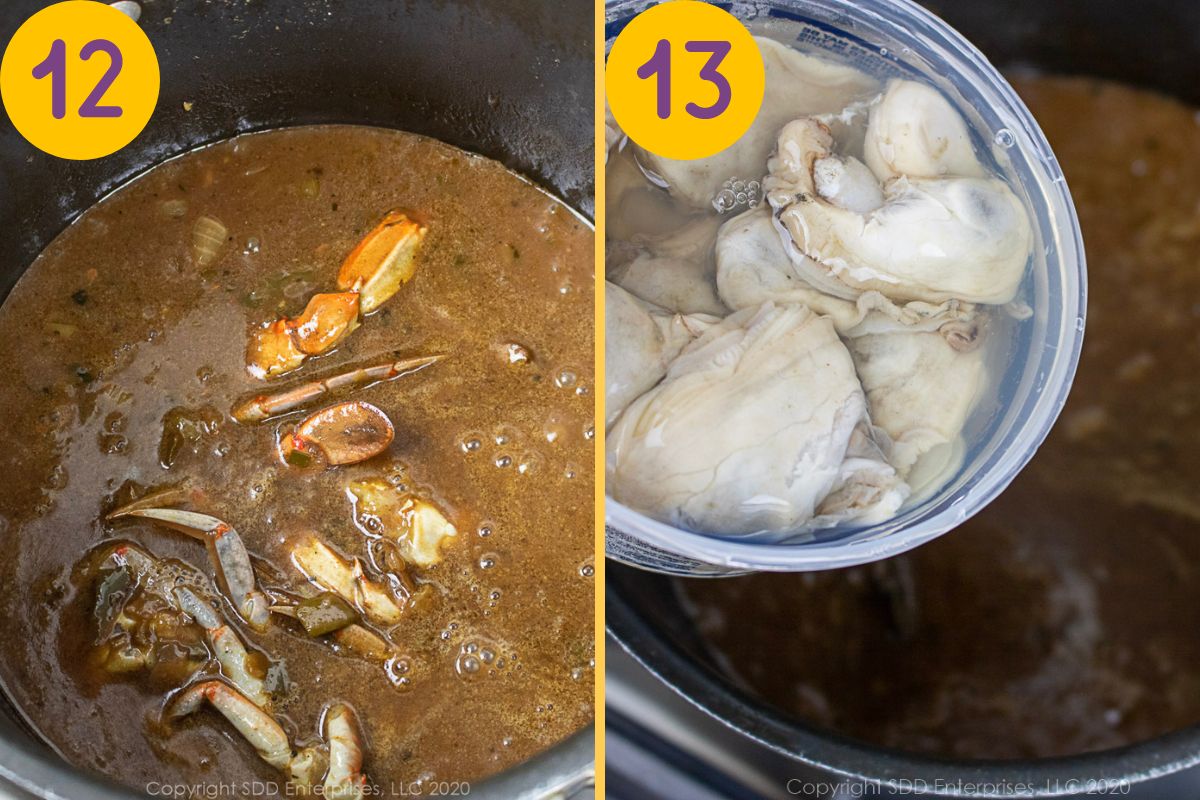 Adding seafood to a stockpot of seafood gumbo.