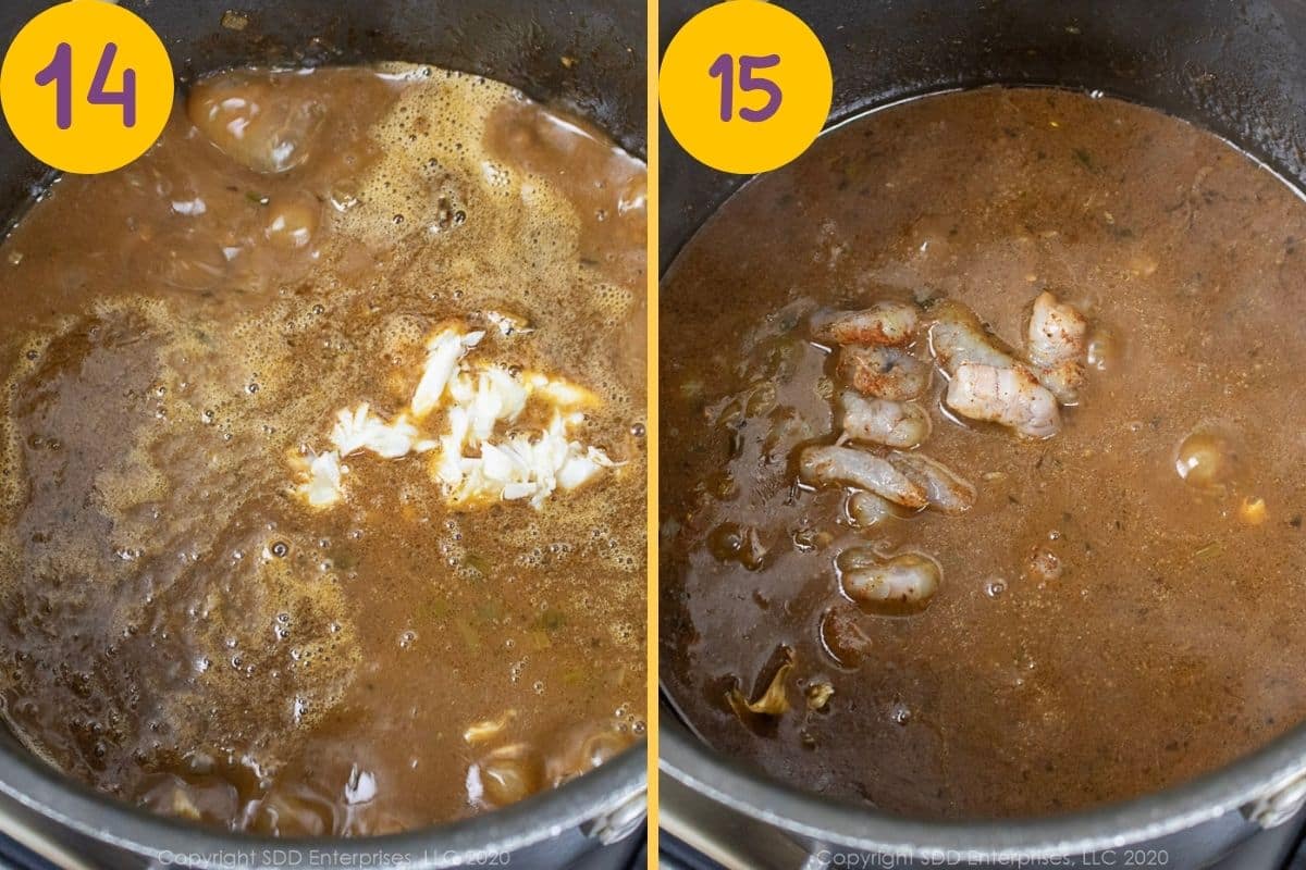 Adding seafood to the stock for Seafood Gumbo.