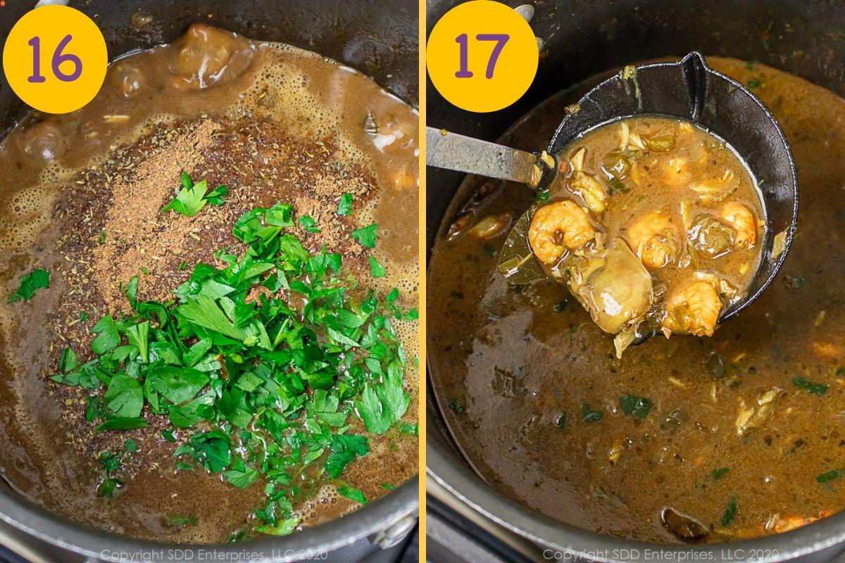 Finishing a Seafood Gumbo in a stock pot.