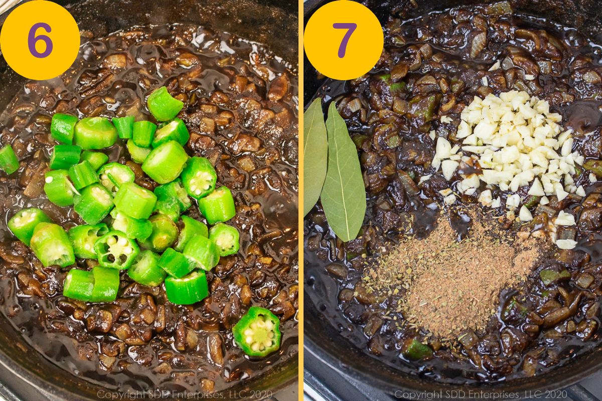 Adding vegetables and seasonings to a roux mixture in a Dutch oven.