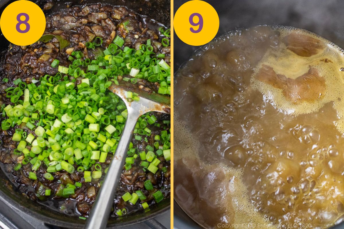 Adding green onions and simmering the stock for seafood gumbo.