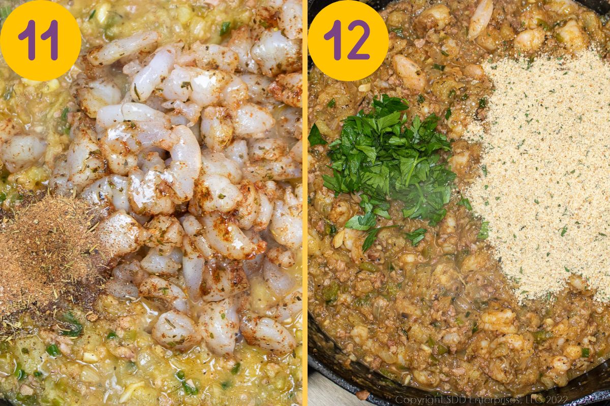Seasoned shrimp and a binder added to simmering filling.
