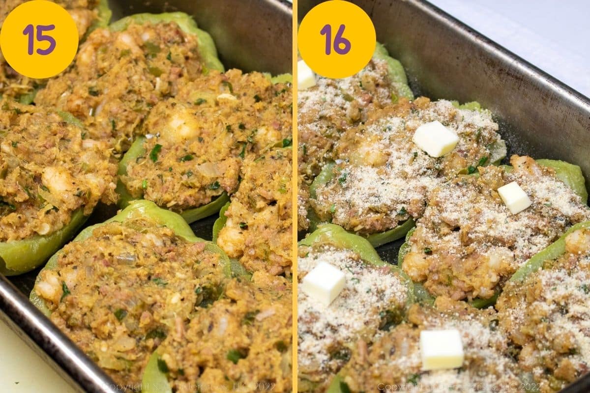 Stuffed mirlitons in a baking dish prepared for the oven.