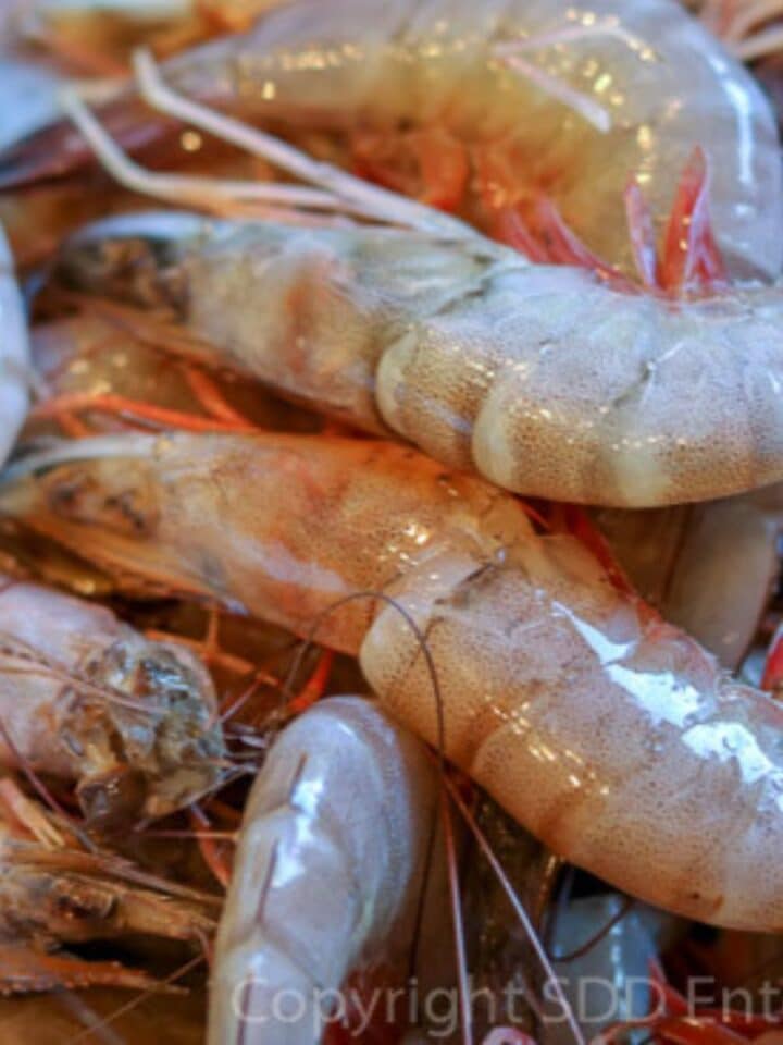 Fresh, heads-on, in-shell shrimp.