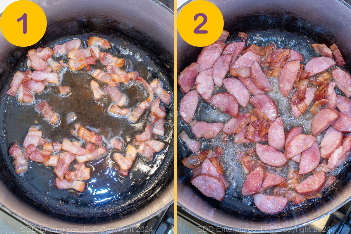 Frying bacon and sausage in a Dutch oven.