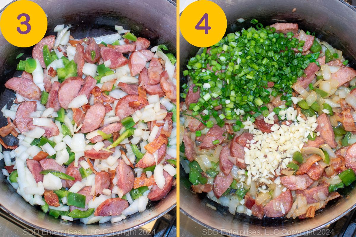 Frying vegetables an seasonings in a Dutch oven.